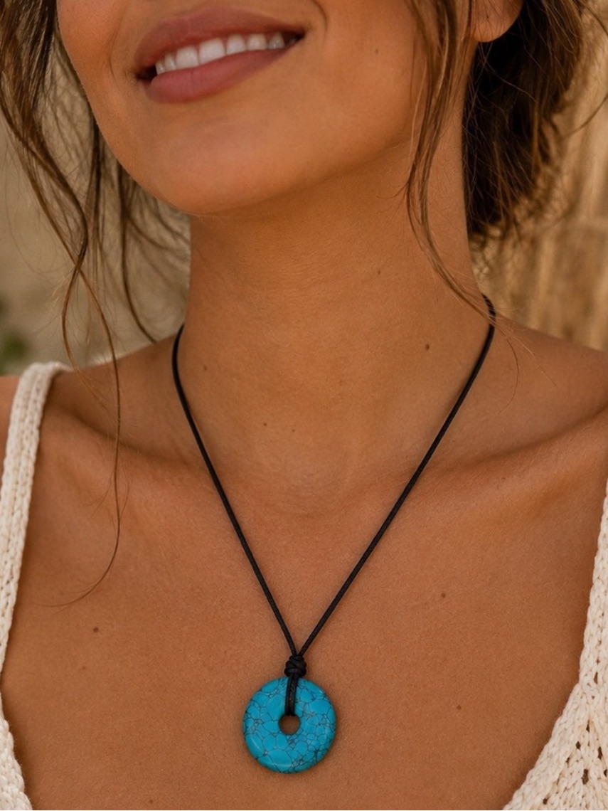 Mayamar Turquoise Donut Pendant Necklace With Black Cord (Nwt)
